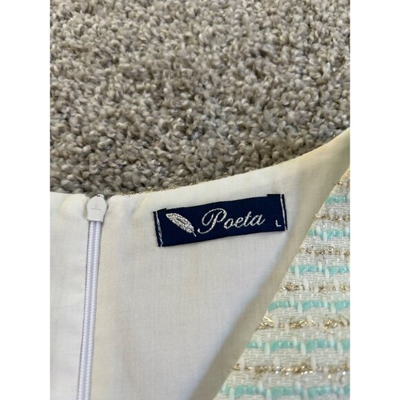 Poeta Womens Sz L White & Gold Sleeveless Tweed Sheath Dress With V-Neckline - Picture 8 of 10